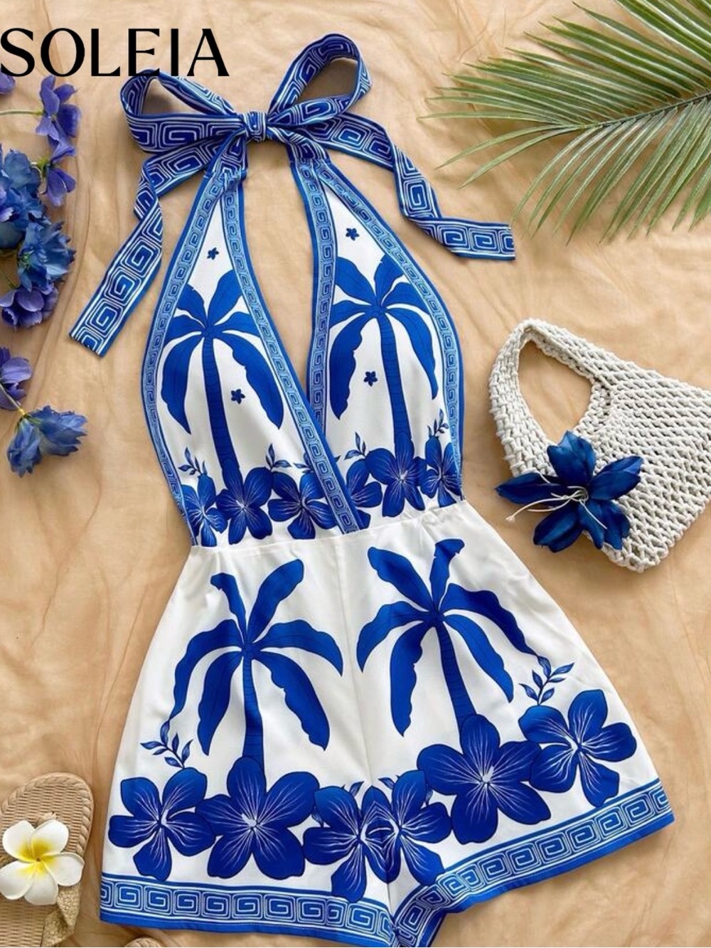 Soleia Blue & White Tropical Halter Romper